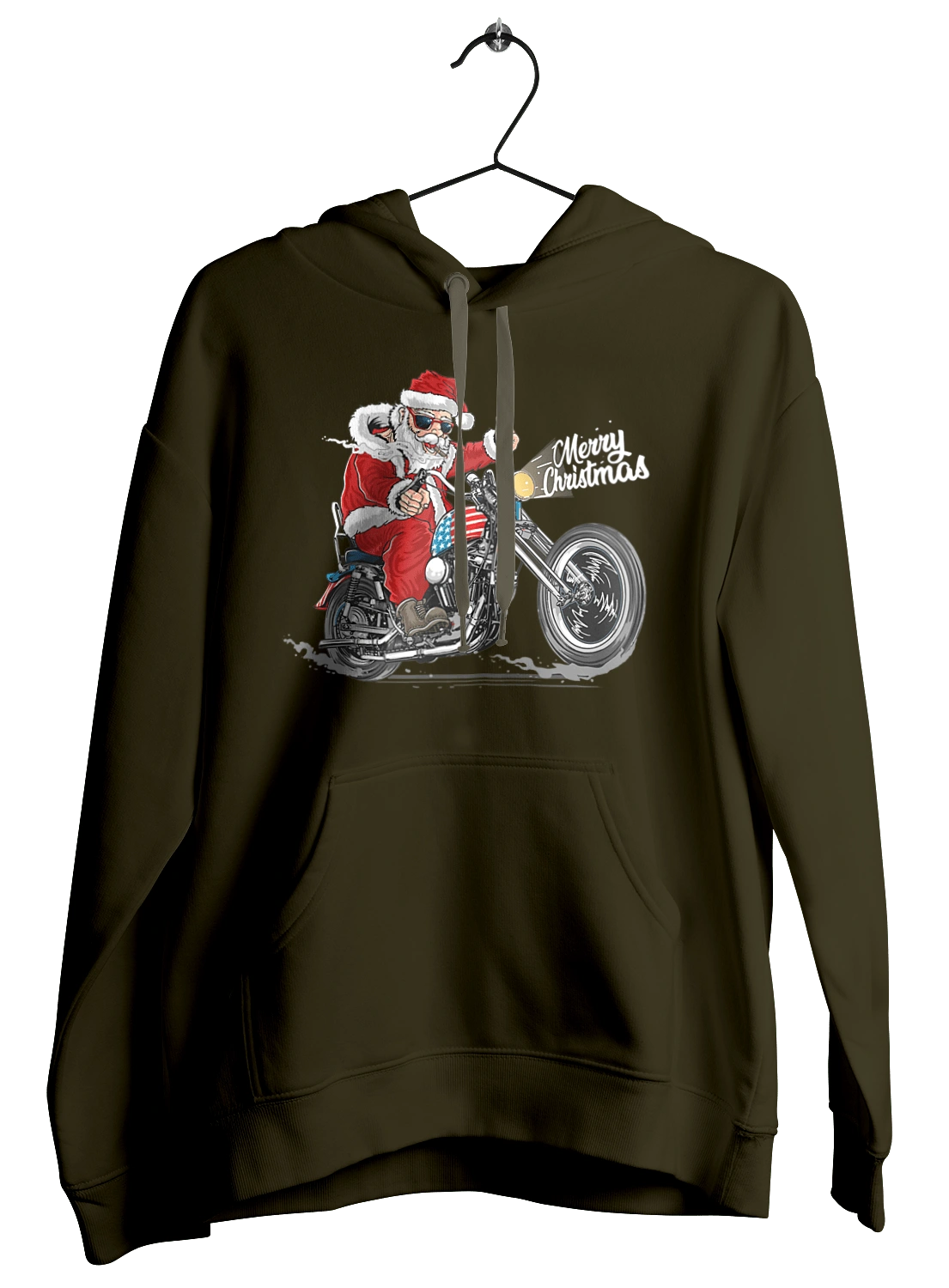 Santa in glasses on a motorcycle
