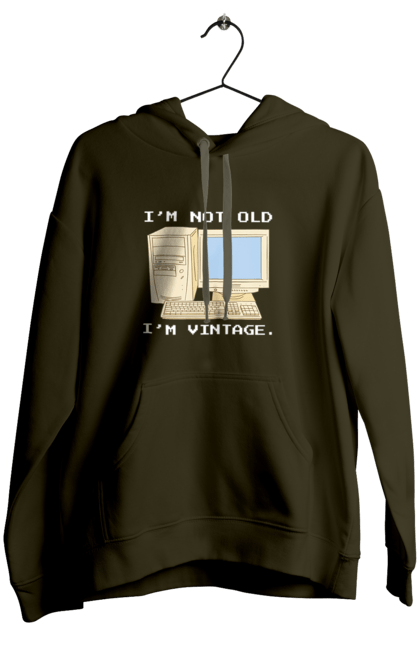 Жіноче худі з принтом "Я не старий, я вінтажний Ретро комп'ютер". Ай ті, айті, айтішник, ботан, вінтаж, вінтажний, гік, клавіатура, код, кодер, комп, мова, піксель, програміст, програмування, ретро, хакер. 2070702