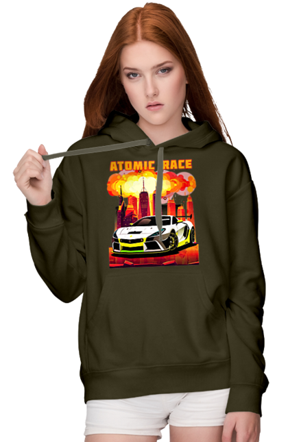 Жіноче худі з принтом "Атомна гонка". Авто, автомобіль, атомні перегони, гонки, гоночні машини, спортивна машина, спорткар. 2070702