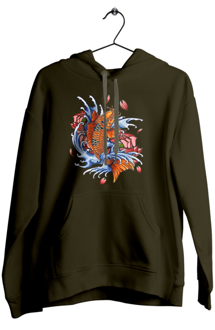 Women`s hoodie with prints Fish and waves. Fish, flower, wave. 2070702