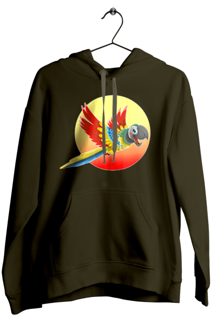 Жіноче худі з принтом "Папуга На Тлі Сонця". Ара, веселий, відпочинок, відпустка, диск, жарко, жовтий, коло, кольоровий, крила, літає, літо, папуга, папужка, пір`я, політ, помаранчевий, птах, різнокольоровий, сонце, сонячно, спека, тепло, тропіки, у польоті, червоний. 2070702