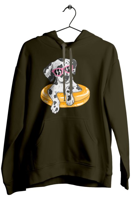 Women`s hoodie with prints Dalmatian Swims In A Circle. Dalmatian, dog, glasses, to swim. 2070702