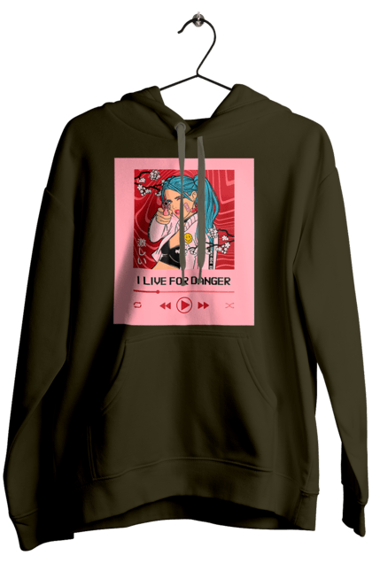 Women`s hoodie with prints I Live For Danger. Anime, music, pistol, turntable. 2070702