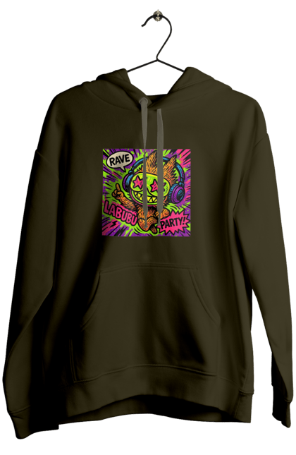 Жіноче худі з принтом "Лабубу". Вечірка, вуличне мистецтво, графіті, зоряніочі, коміксстиль, лабубу, навушники, неон, попарт, рейв. 2070702