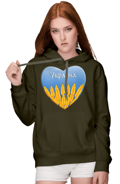 Жіноче худі з принтом "Серце з колосками Україна". Воля, колоски, небо, перемога, прапор україни, пшениця, серце, символ україни, україна. 2070702