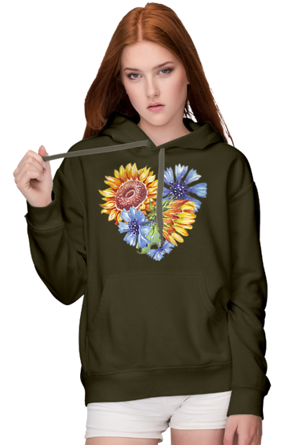 Жіноче худі з принтом "Серце соняшники та фіалки". Квіти, люблю україну, любов, серце, соняшник, україна, фіалки. 2070702