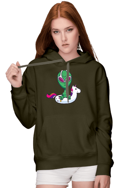 Women`s hoodie with prints Alien Floats In A Circle. Alien, inflatable circle, to swim. 2070702