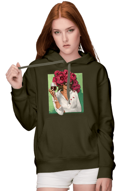 Women`s hoodie with prints Girl with peonies and a glass. Flower, girl, glasses, goblet, peonies, shirt, summer, wine. 2070702