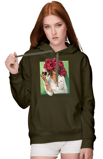 Girl with peonies and a glass