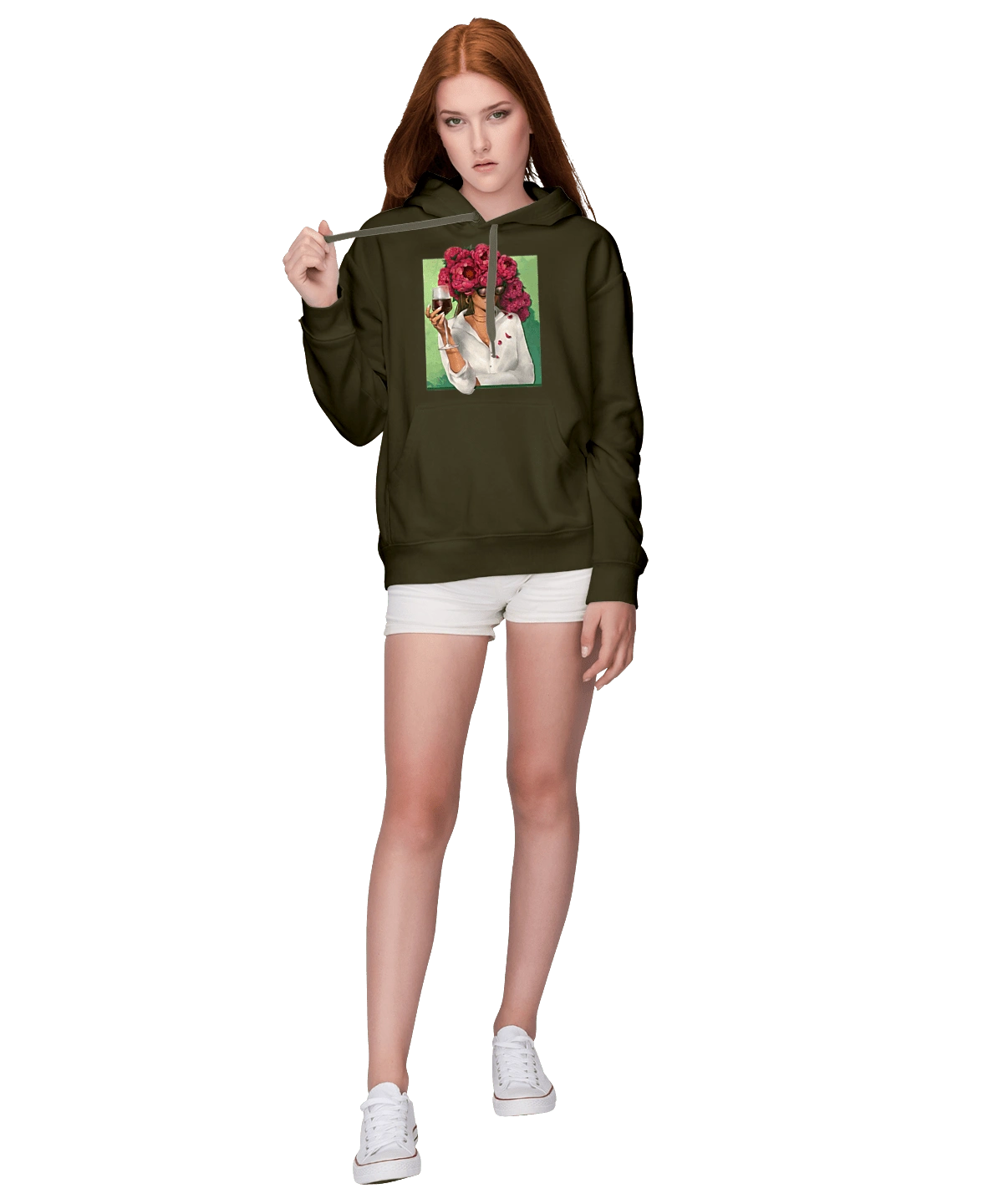 Girl with peonies and a glass