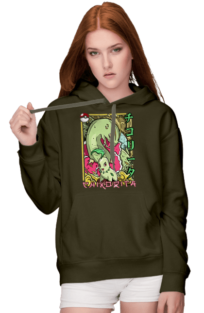 Women's hoodie with prints Pokemon Chikorita. Anime, chikorita, games, nintendo, pokemon, pokemon go. 2070702