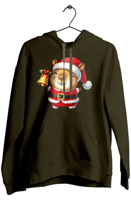 Women's hoodie with prints Funny capybara with a bell. Animal, bell, capybara, christmas, christmas capybara, gift, holiday, new year, new year`s gift, santa. 2070702