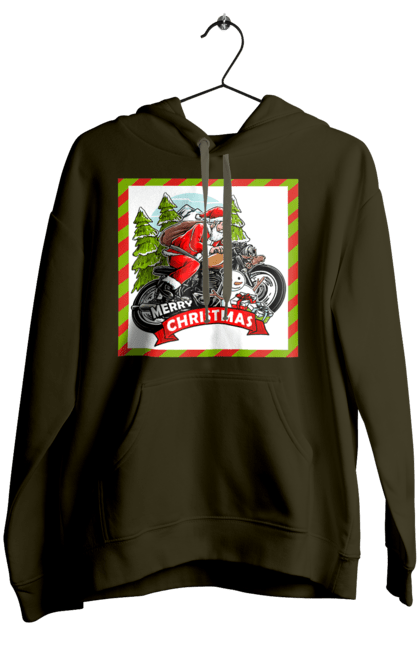 Women`s hoodie with prints Santa on a motorcycle. Christmas, motorcycle, new year, presents, santa, snowman, tree. 2070702