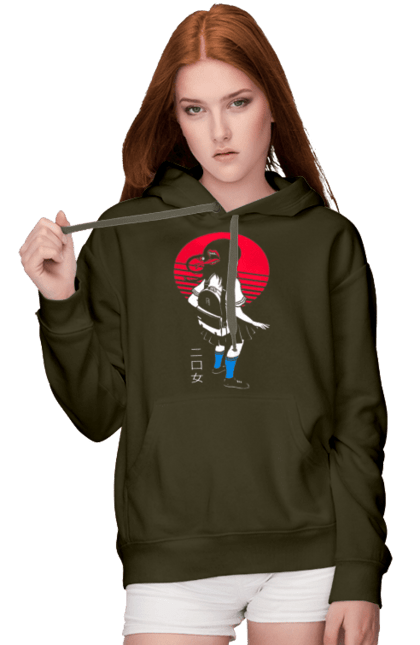 Women's hoodie with prints Two Mouthed Girl. Horror, japan, language, lips, mouth, schoolgirl, young woman. 2070702