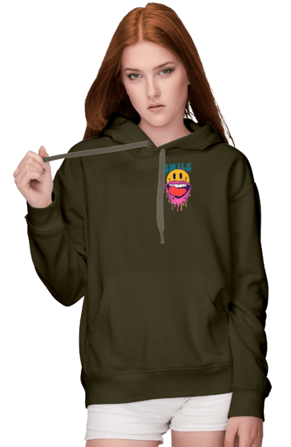 Жіноче худі з принтом "Літній смайл". Брутальний смайл, весела пика, жарко, комп`ютерна посмішка, людина з посмішкою, пика, посмішка, смайл, смайлик, усміхнена пика. 2070702