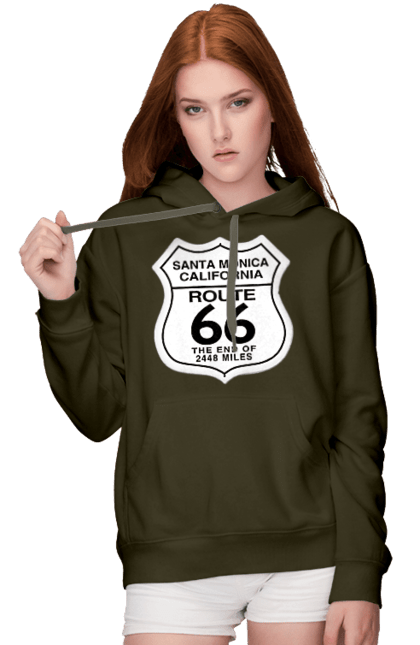 Women`s hoodie with prints Route 66. Bike, biker, biker club, bikers club, brother, brutal, dude, hot asphalt, hot horse, hot rod, motorcycle, motorcyclist, real man, road 50, road 66, road 80, roads of america, roads of ukraine, roads we choose, speed, take, thirst for speed. 2070702