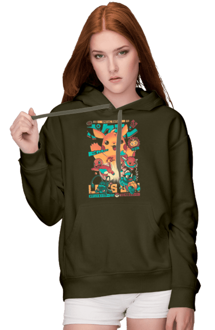 Women`s hoodie with prints Pokemon. Adventure master, adventures in youth, anime, boy eh, combat dimension, diamond and pearls, fate of rivals, galactic battles, games, pokemon, pokemon bulbasaurus, pokemon charmander, pokemon series, pokemon squirt, white and black, x and y, xy z. 2070702