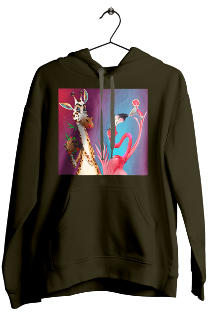 Women`s hoodie with prints Giraffe And Flamingo At The Party. Cocktail, flamingo, food, giraffe. 2070702