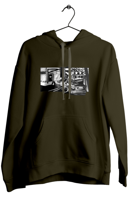 Жіноче худі з принтом "Небезпечний Автомобіль на дорогах вулиць". Автомобіль, гонки, машина, небезпечний, чорно білий, швидкий. 2070702