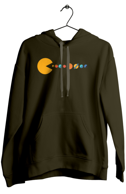 Жіноче худі з принтом "Pac Man Planets". Atari, namco, pac man, аркадна відеогра, відеогра, комп`ютерна гра, космос, лабіринт, планети, сонячна система. 2070702