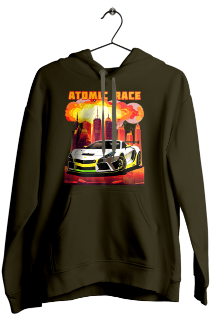 Жіноче худі з принтом "Атомна гонка". Авто, автомобіль, атомні перегони, гонки, гоночні машини, спортивна машина, спорткар. 2070702