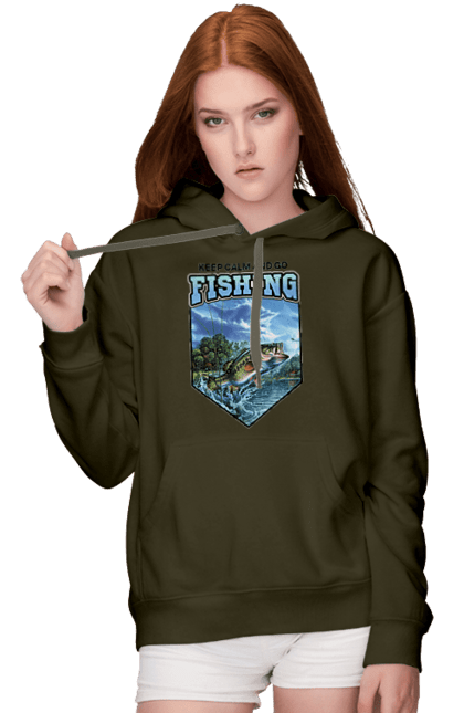 Жіноче худі з принтом "Keep Calm and Go Fishing". Відпочинок на природі, для рибалок, для чоловіків, мисливці та риболови, природа, рибалка, риболовля, спінінг, хоббі. 2070702
