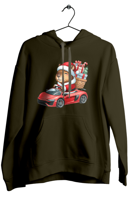 Women's hoodie with prints Christmas Capybara with a Gift. Animal, capybara, car, christmas, christmas capybara, gift, holiday, new year, new year`s gift, santa. 2070702