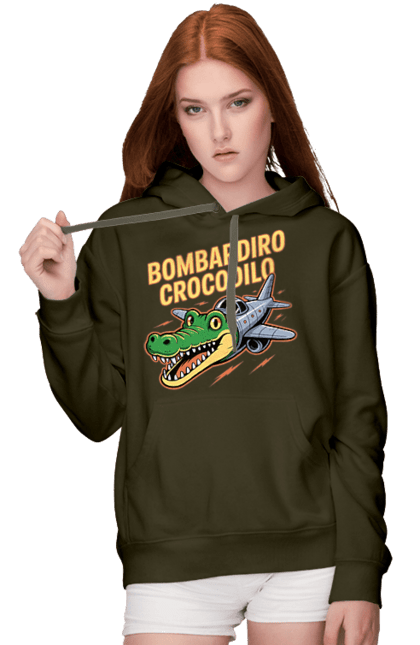 Жіноче худі з принтом "Bombardino Crocodilo". Bombardino, bombardino crocodilo, crocodilo, бомбардиро крокодило, бомбардіно крокоділо, крокодил, крокодил літак, крокодил мем, мем бомбардине крокодило, меми. 2070702