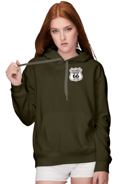Women`s hoodie with prints Route 66. Bike, biker, biker club, bikers club, brother, brutal, dude, hot asphalt, hot horse, hot rod, motorcycle, motorcyclist, real man, road 50, road 66, road 80, roads of america, roads of ukraine, roads we choose, speed, take, thirst for speed. 2070702