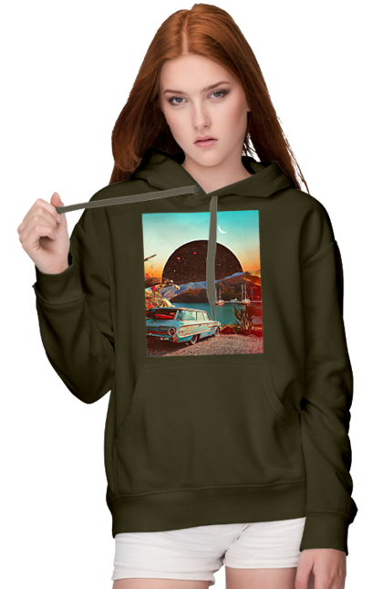 Жіноче худі з принтом "Картина, машина біля річки". Картина, машина, планета, прикол, ретро, річка. 2070702