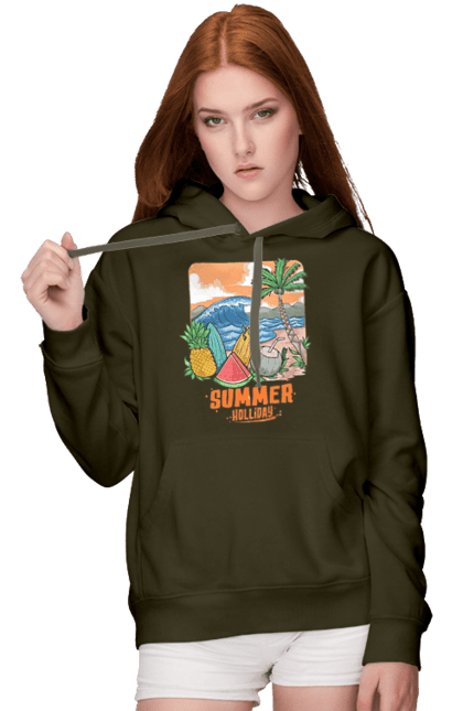 Women`s hoodie with prints Summer Holidays. Palm, sea, summer, waves. 2070702