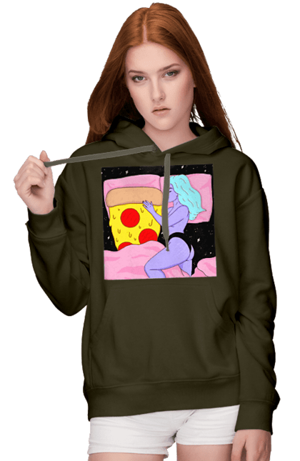 Women`s hoodie with prints Purple Girl And Pizza. Bed, girl, pizza. 2070702