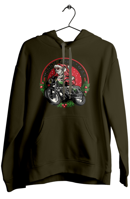 Жіноче худі з принтом "Щасливого Різдва, дід мороз на мотоциклі". 2022, дід мороз, зима, мотоцикл, новий рік, подарунки, різдво, санта, сніг. 2070702