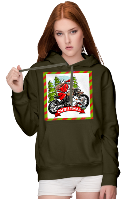 Women`s hoodie with prints Santa on a motorcycle. Christmas, motorcycle, new year, presents, santa, snowman, tree. 2070702