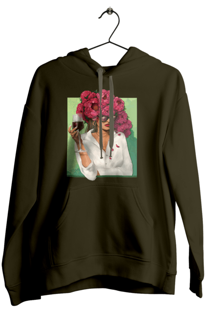 Women`s hoodie with prints Girl with peonies and a glass. Flower, girl, glasses, goblet, peonies, shirt, summer, wine. 2070702