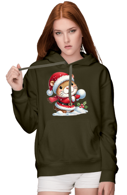 Women's hoodie with prints Capybara playing snowballs. Animal, capybara, christmas, christmas capybara, game, gift, holiday, new year, santa, snowballs. 2070702