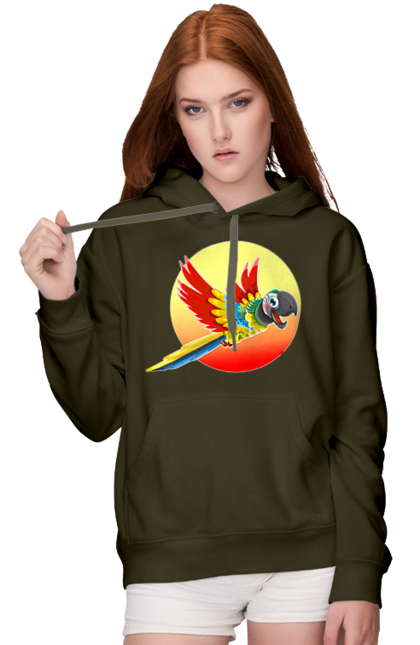 Жіноче худі з принтом "Папуга На Тлі Сонця". Ара, веселий, відпочинок, відпустка, диск, жарко, жовтий, коло, кольоровий, крила, літає, літо, папуга, папужка, пір`я, політ, помаранчевий, птах, різнокольоровий, сонце, сонячно, спека, тепло, тропіки, у польоті, червоний. 2070702