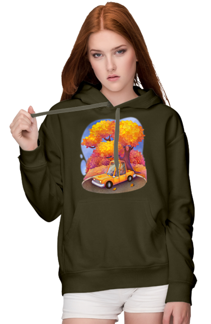 Жіноче худі з принтом "Осiнь Авто Дерево". Дерево, жовтий мила ілюстрація, машина, осінь, помаранчевий. 2070702