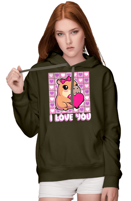 Жіноче худі з принтом "Закохана капібара". I love you, валентинка, день святого валентина, капибара, кохання, милі тварини, пара капібар, романтика, романтичний подарунок, серця. 2070702