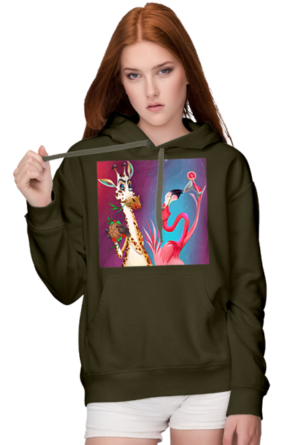 Women`s hoodie with prints Giraffe And Flamingo At The Party. Cocktail, flamingo, food, giraffe. 2070702