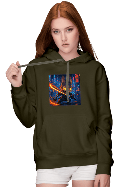 Women`s hoodie with prints Labubu. Action, animestyle, cyberninja, cyberpunk, eyes that shine, katana, labubu, neon city, sword. 2070702