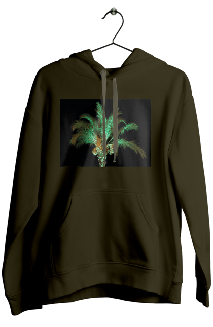 Women`s hoodie with prints Date Palm At Night. Adventure, black, coast, date, green, island, night, oasis, ocean, palm, recreation, sea, sky, south, travel, tropics, vacation. 2070702