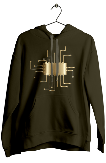 Women`s hoodie with prints Golden Chip. Chip, code, comp, computer, crystal, cybernetics, developer, engineer, geek, gold, golden, it, it specialist, profession, programmer. 2070702