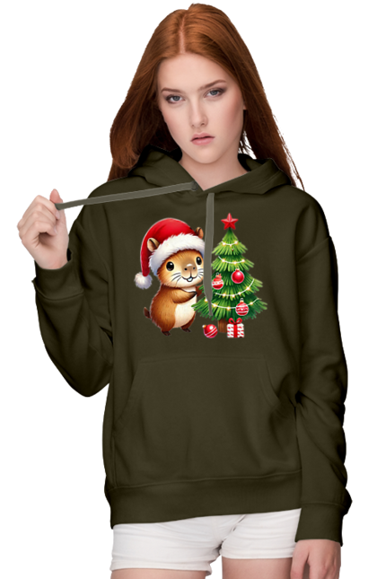 Women's hoodie with prints Christmas Capybara with a Tree. Animal, capybara, christmas, christmas capybara, christmas tree, gift, holiday, new year, new year`s gift, santa. 2070702