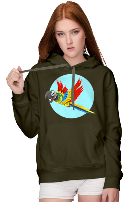 Women`s hoodie with prints Parrot. Cockatoo, colored parrot, colorful parrot, flying parrot, parrot. 2070702