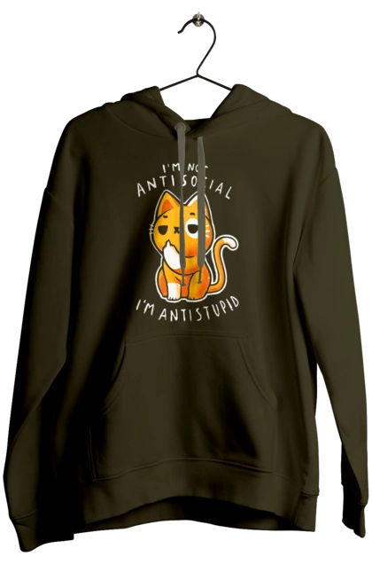 Women`s hoodie with prints I'm not antisocial, I'm antistupid. Antisocial, antistupid, cat, cynicism, hate, humor, irony, joke, meme, sarcasm. 2070702