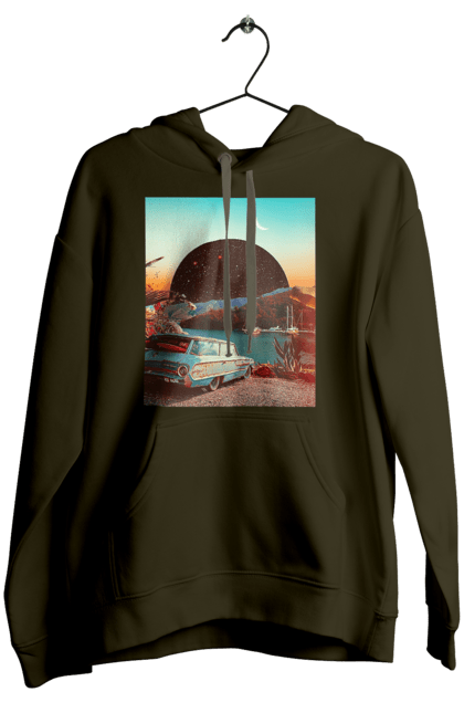 Жіноче худі з принтом "Картина, машина біля річки". Картина, машина, планета, прикол, ретро, річка. 2070702