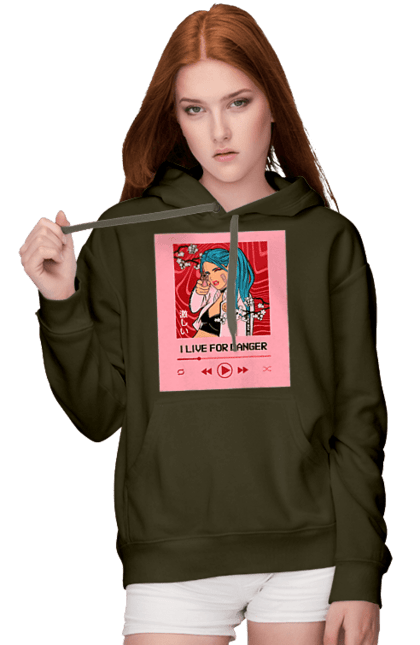 Women`s hoodie with prints I Live For Danger. Anime, music, pistol, turntable. 2070702
