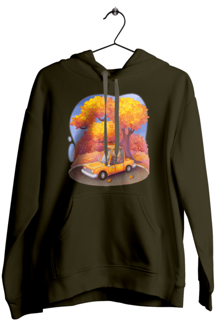 Жіноче худі з принтом "Осiнь Авто Дерево". Дерево, жовтий мила ілюстрація, машина, осінь, помаранчевий. 2070702