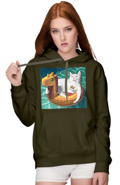 Жіноче худі з принтом "Білий кіт у плавальному колі, на відпочинку". Басейн, відпочинок, кіт, коктейль, море, плавальний круг. 2070702